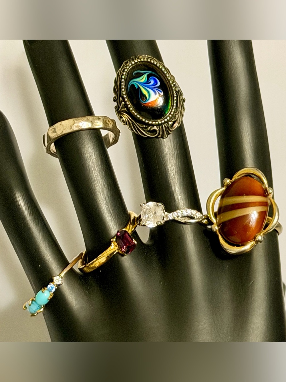 6pc Vintage Costume Ring Bundle 🌟 Stacking Set Agate Glass CZ